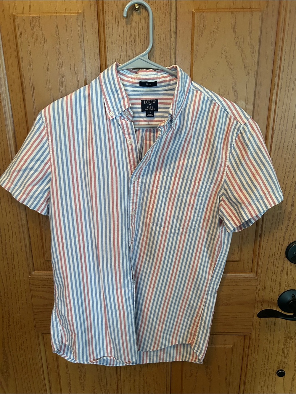J. Crew Short-Sleeve Button-Down Shirt in Blue, Red & White Stripe